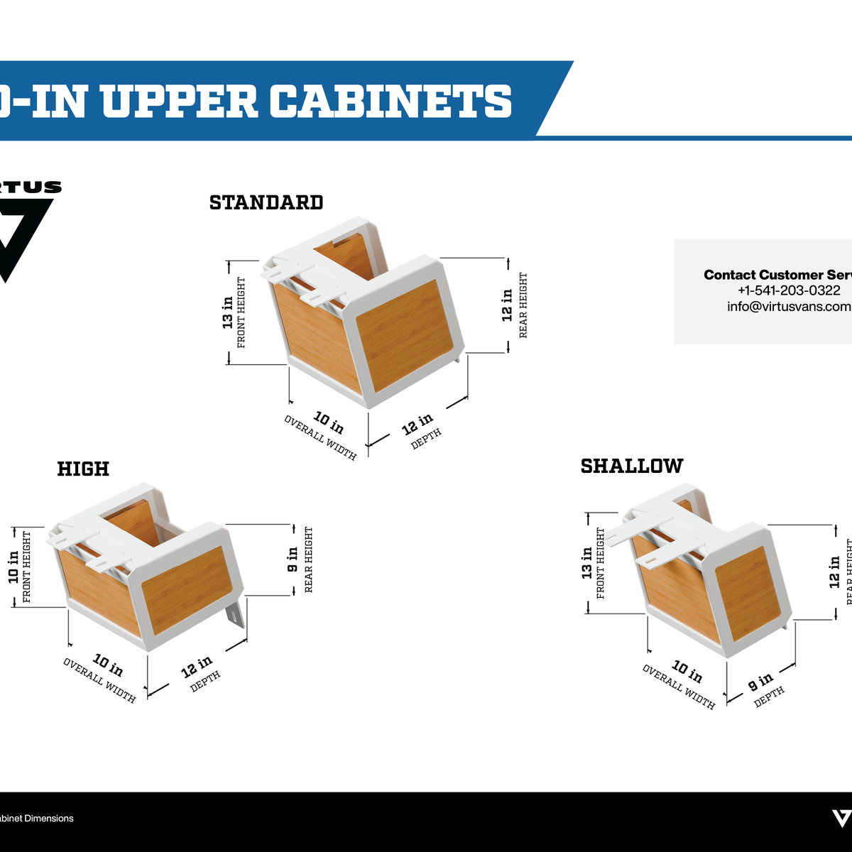 10-inch upper cabinets: Standard, High, and Shallow dimension drawings in white with bamboo. Measurements rounded to whole inches.