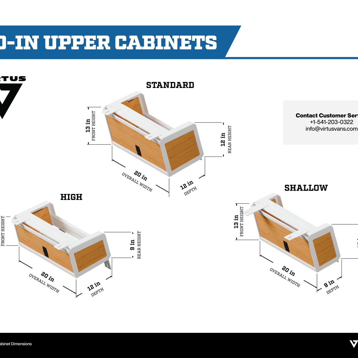 20-inch upper cabinets: Standard, High, and Shallow dimension drawings in white with bamboo. Measurements rounded to whole inches.