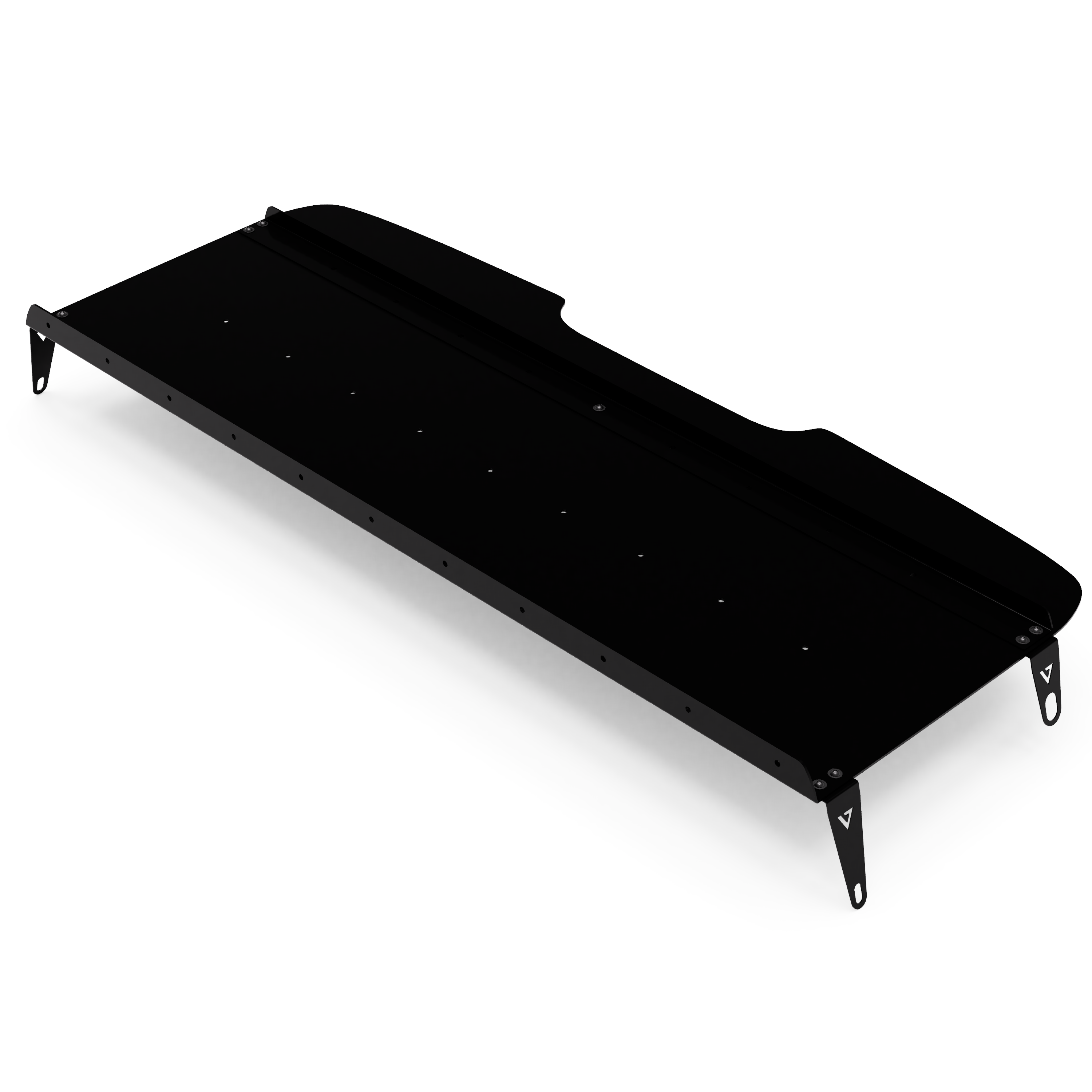 Virtus Vans headliner shelf render — no laminate face, aluminum frame only