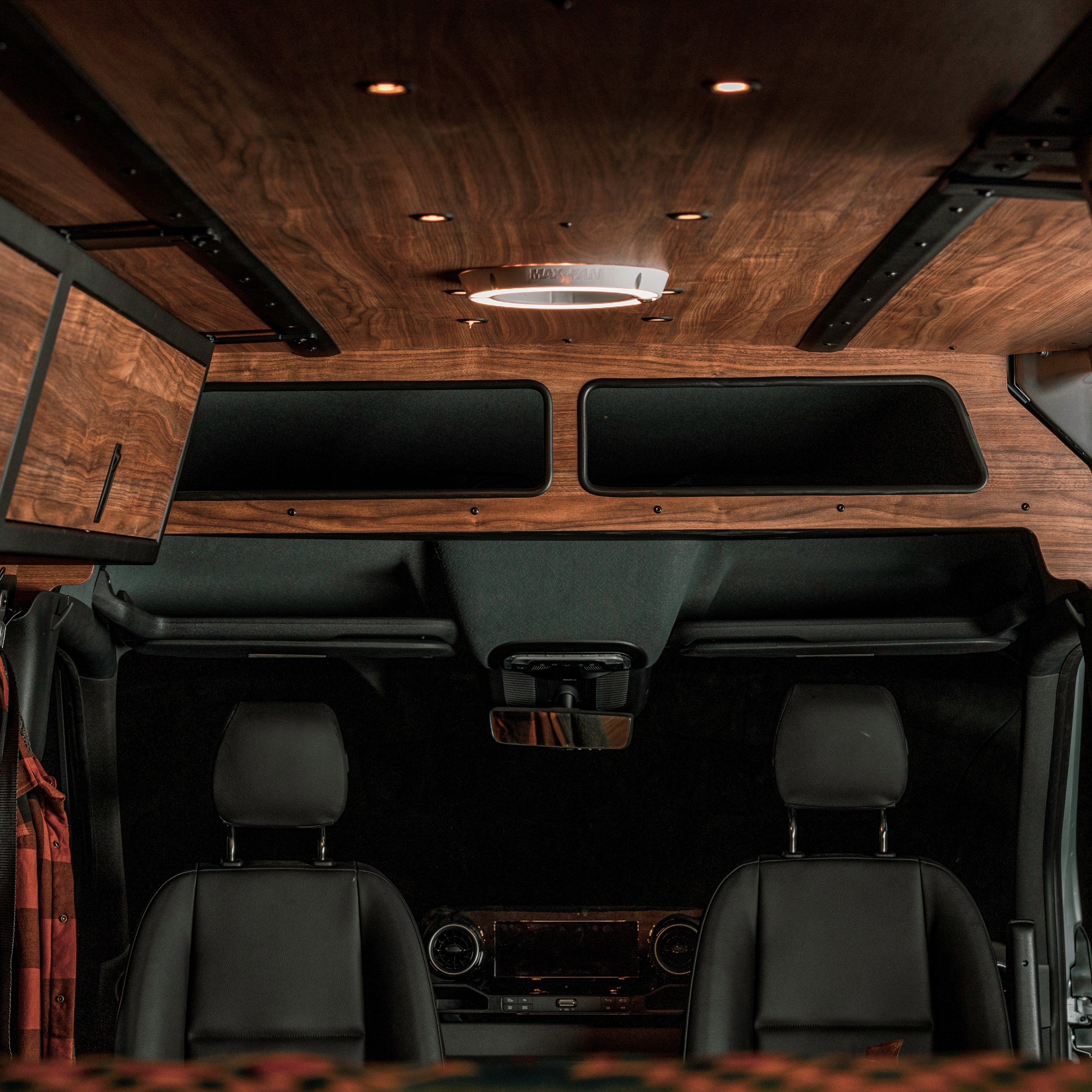 Virtus Vans headliner shelf installed in Mercedes Sprinter High Roof — full overhead cab view