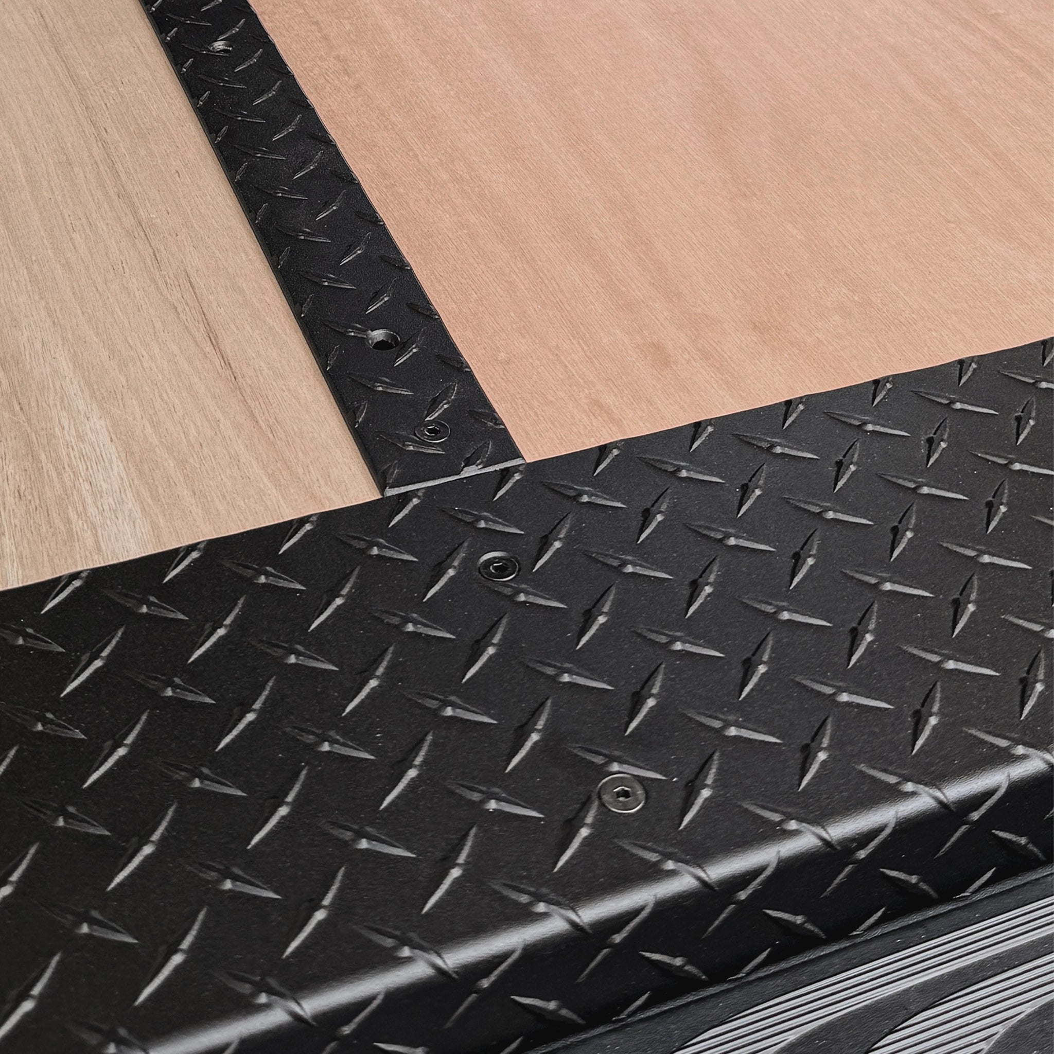 Diamond plate flooring trim on Virtus Vans Sprinter Base Camp Build conversion kit