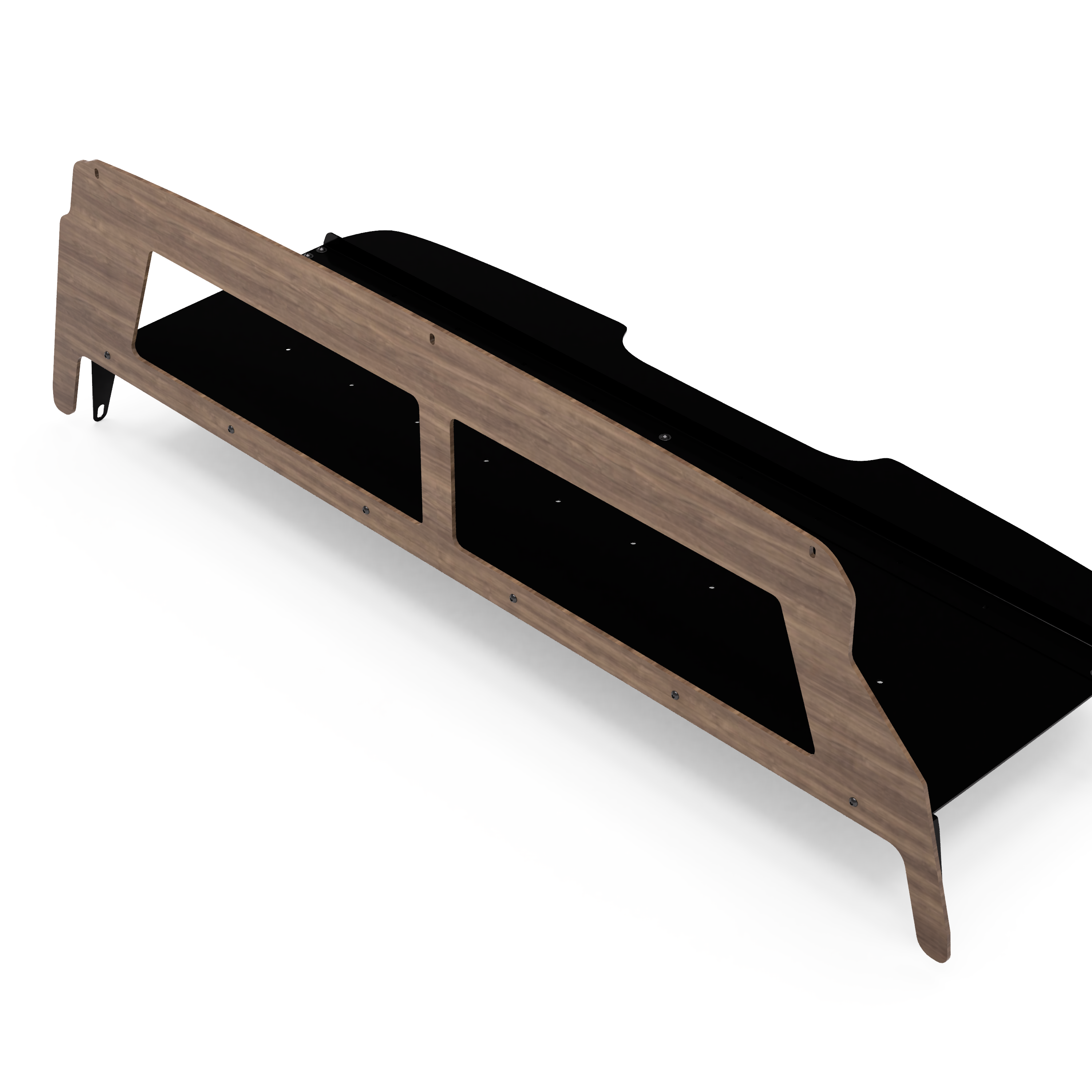 Virtus Vans Sprinter van headliner shelf — Continental Walnut laminate face, installed above cab