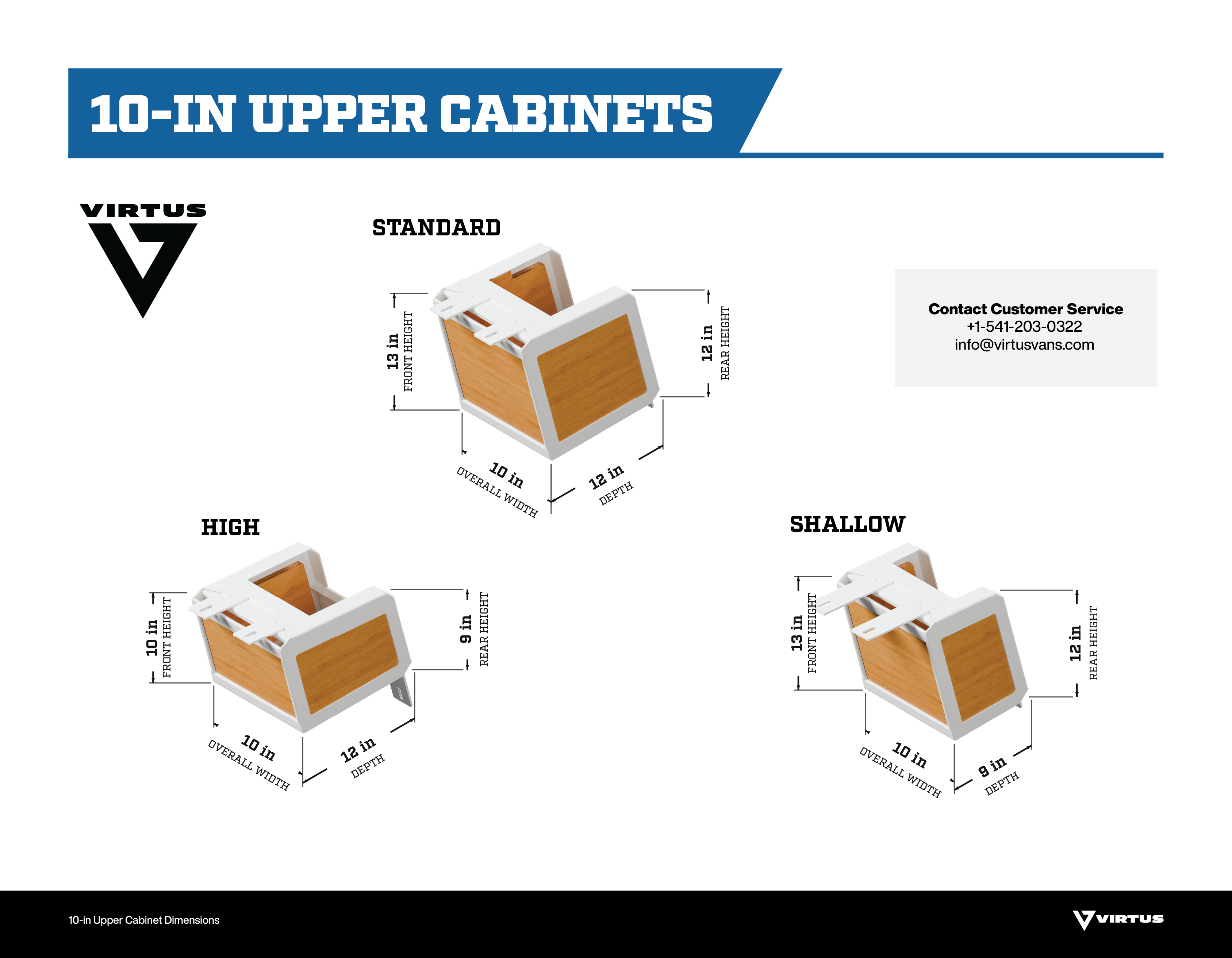 10-inch upper cabinets: Standard, High, and Shallow dimension drawings in white with bamboo. Measurements rounded to whole inches.