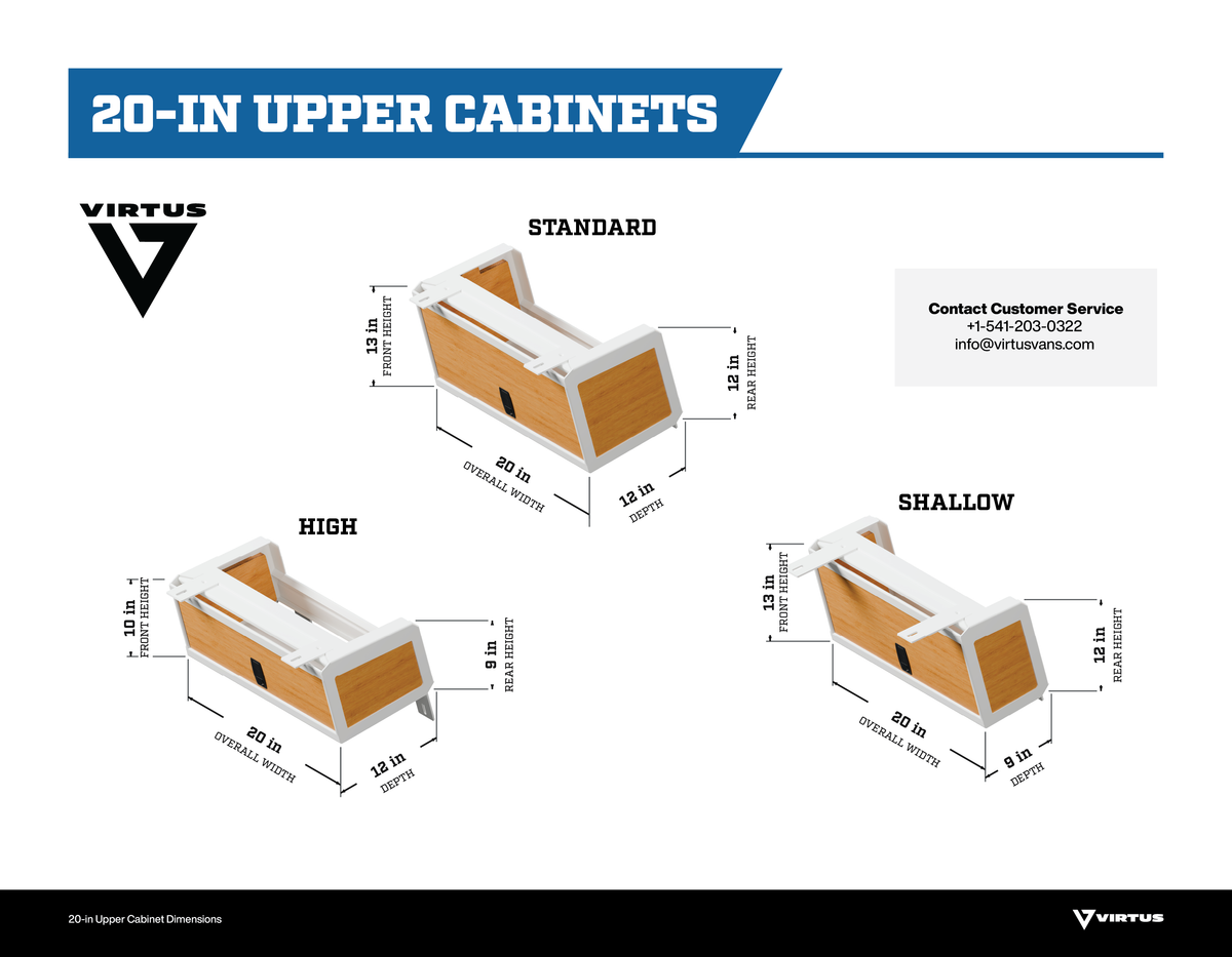 20-inch upper cabinets: Standard, High, and Shallow dimension drawings in white with bamboo. Measurements rounded to whole inches.