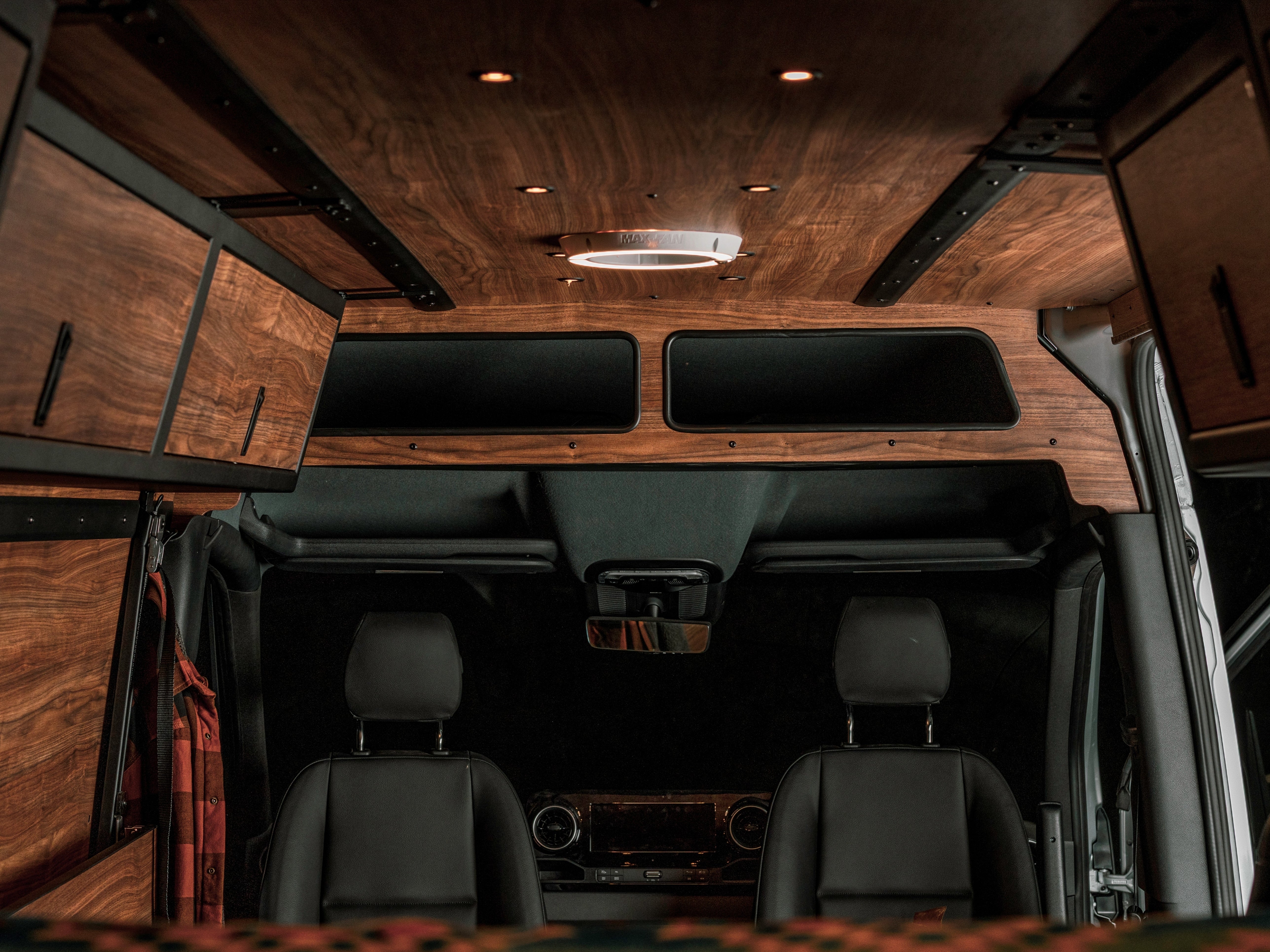 Virtus Vans headliner shelf installed in Mercedes Sprinter High Roof — full overhead cab view
