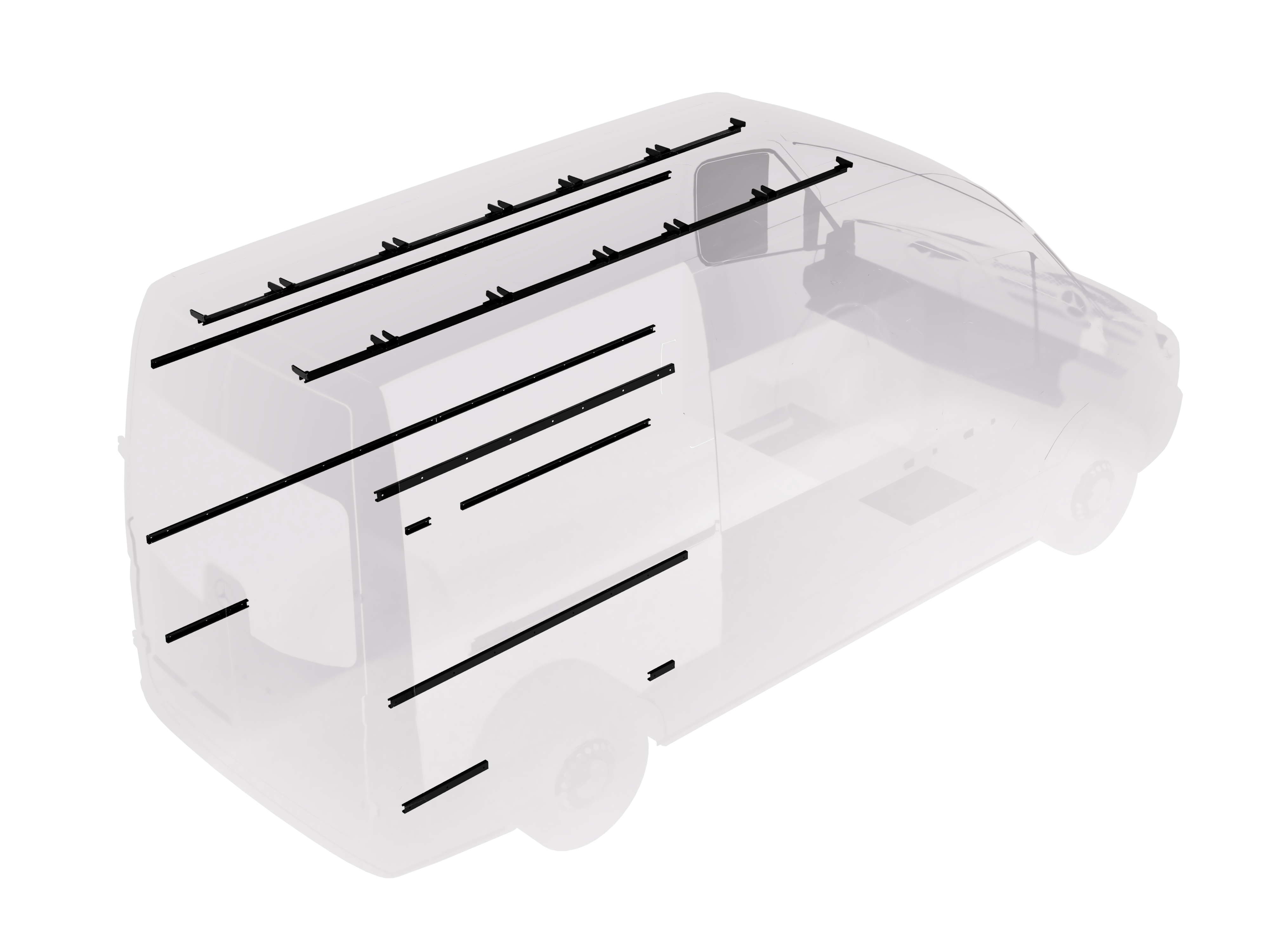 Virtus Modular Structural Rail System installed in 170" Mercedes Sprinter van — walls and ceiling