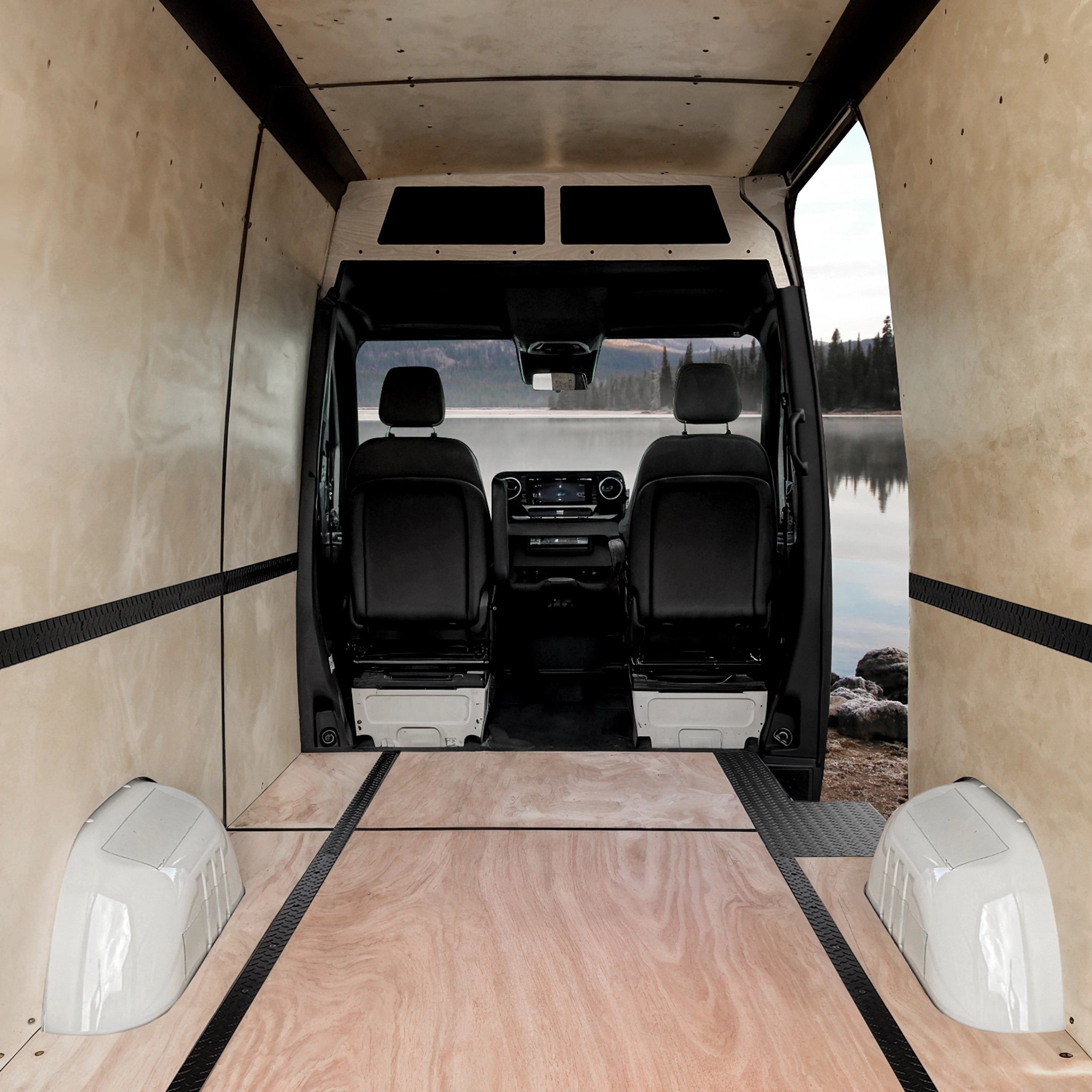 Virtus Vans Mercedes Sprinter Base Camp Build — rear interior view of modular conversion kit