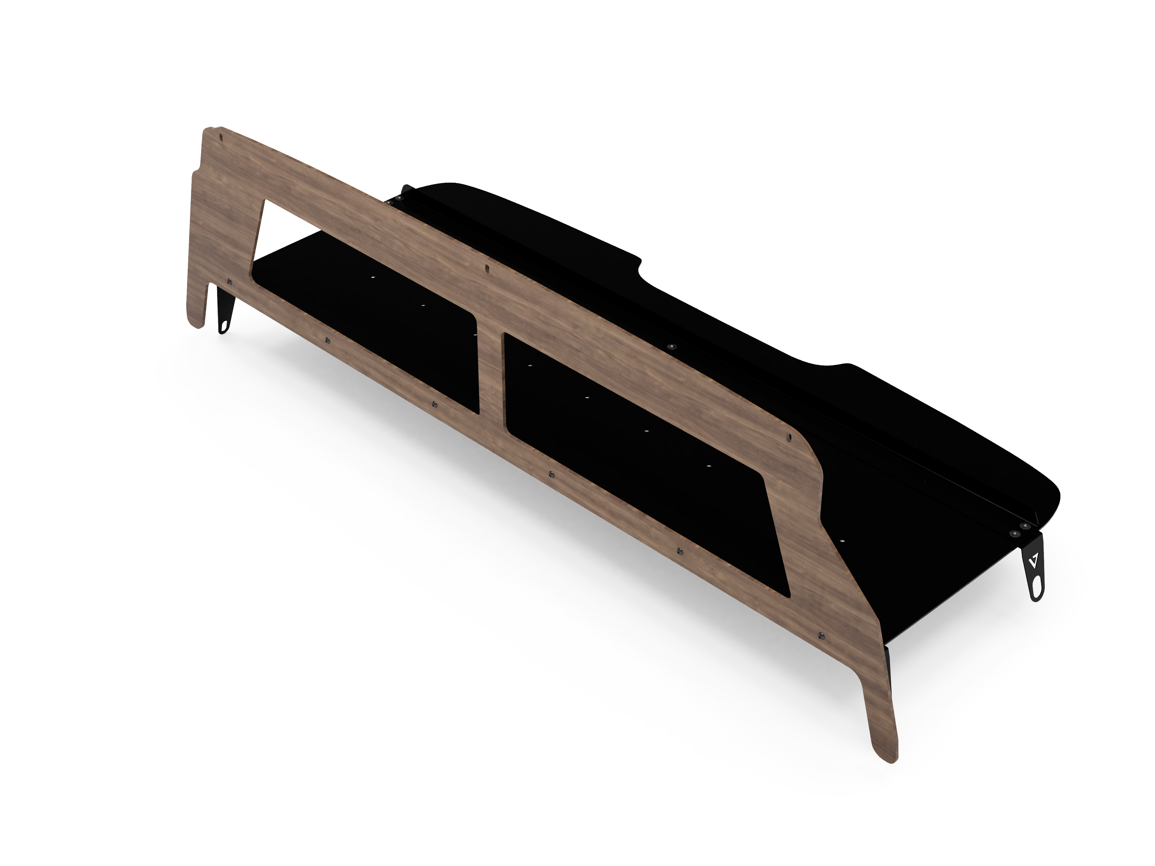 Virtus Vans Sprinter van headliner shelf — Continental Walnut laminate face, installed above cab